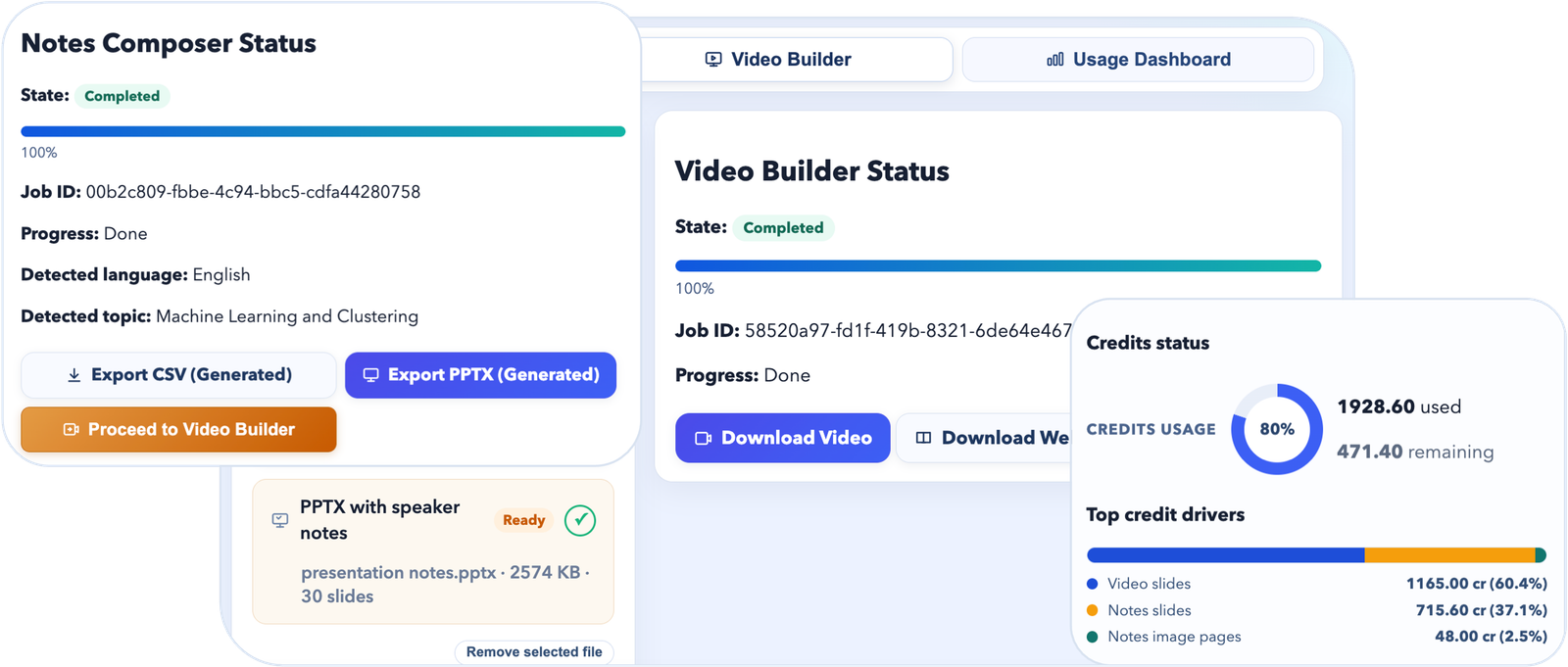 SlideNarrate product preview showing notes, video outputs, and usage status