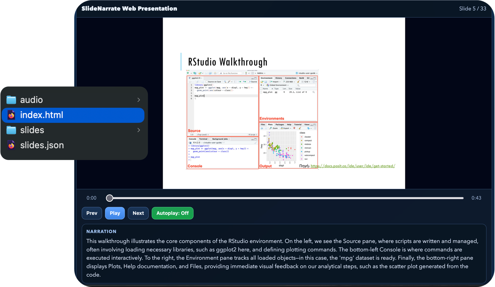 SlideNarrate web presentation output showing browser playback and packaged files